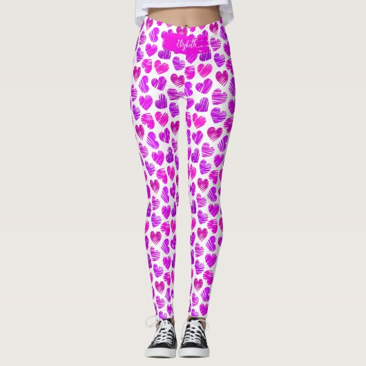 Moderne Paarse Roze Gekrabbelde Harten Valentijn N Leggings (Voorkant)