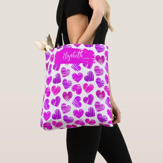 Moderne Paarse Roze Gekrabbelde Harten Valentijn N Tote Bag (Dichtbij)