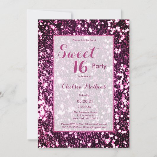 Moderne paarse roze, girale trendy sequin Sweet 16 Kaart (Voorkant)