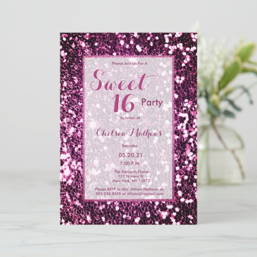 Moderne paarse roze, girale trendy sequin Sweet 16 Kaart (Staand voorkant)