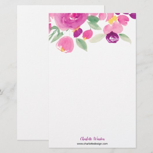 Moderne paarse roze losse bloemige waterverf briefpapier (Voorkant / Achterkant)