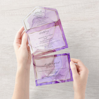 Moderne Paarse Roze Mauve Vloeibare Inkt Ultraviol All In One Uitnodiging