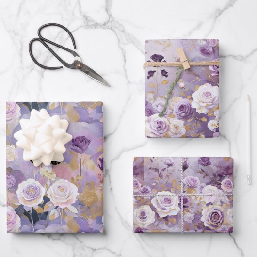 Moderne Paarse/ roze/ witte rozen Inpakpapier Vel (Voorkant)