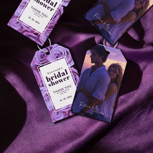 Moderne Paarse Rozen Foto Vrijgezellenfeest Dank u Cadeaulabel