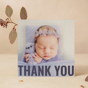 Moderne paarse schrift baby foto bedankje bedankkaart