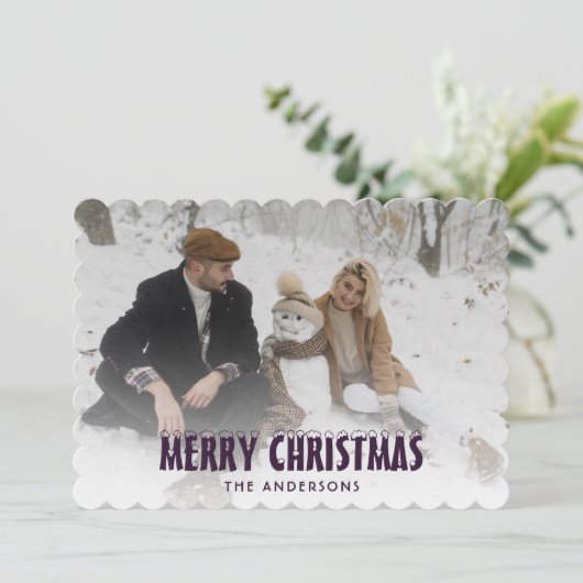 Moderne Paarse sneeuwfoto Vrolijke kerst Kaart (Staand voorkant)