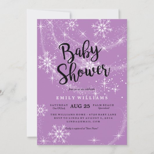 Moderne paarse sneeuwvlok baby shower uitnodiging (Voorkant)