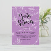 Moderne paarse sneeuwvlok baby shower uitnodiging (Staand voorkant)