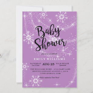Moderne paarse sneeuwvlok baby shower uitnodiging