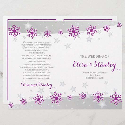 Moderne paarse sneeuwvlokken en sterrentrouwprogra (Voorkant / Achterkant)