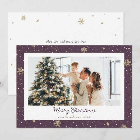 Moderne Paarse Snowflake-foto voor pretkerst Feestdagenkaart (Voorkant / Achterkant)