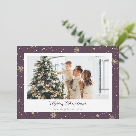 Moderne Paarse Snowflake-foto voor pretkerst Feestdagenkaart (Staand voorkant)