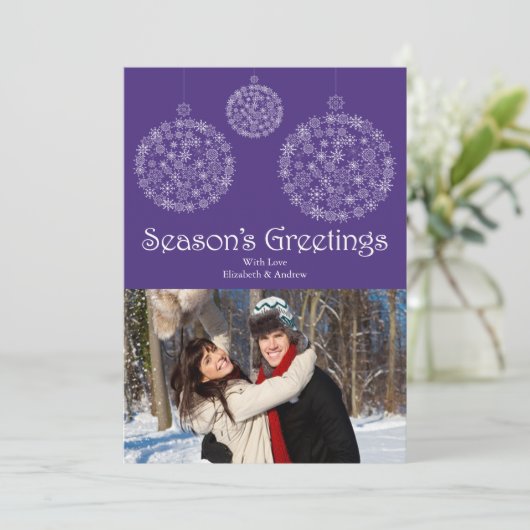 Moderne Paarse Snowflake Holiday-fotokaart Feestdagenkaart (Staand voorkant)