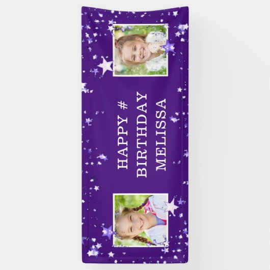 Moderne Paarse sterren Elke leeftijd Verjaardag Fo Spandoek (Verticaal)