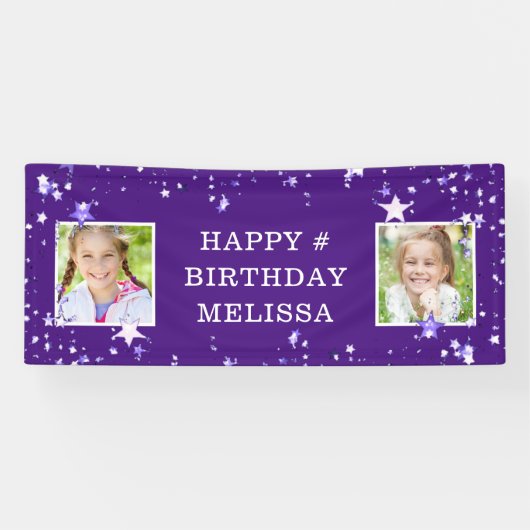 Moderne Paarse sterren Elke leeftijd Verjaardag Fo Spandoek (Horizontaal)