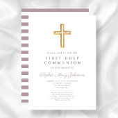 Moderne Paarse strepen Cross Meisje Eerste Communi Kaart