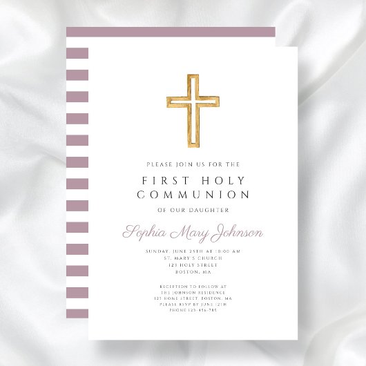 Moderne Paarse strepen Cross Meisje Eerste Communi Kaart