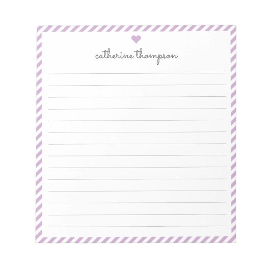 Moderne Paarse Stripe Feminine Script Heart Name Notitieblok (Voorkant)