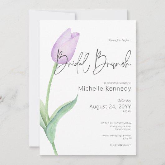 Moderne Paarse Tulp Solo Bruids Brunch Kaart (Voorkant)