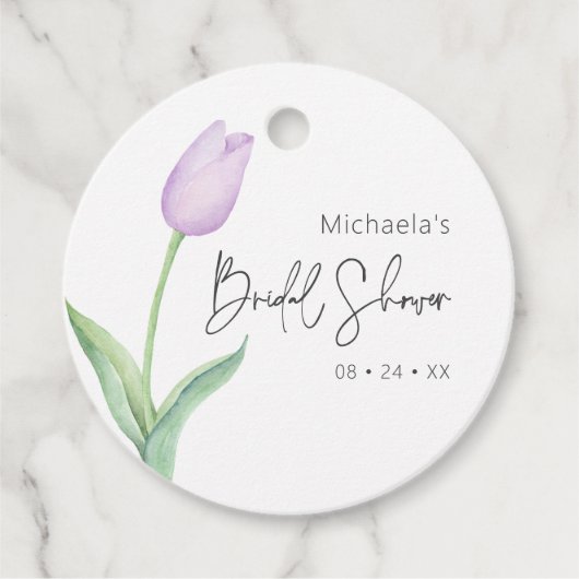 Moderne paarse Tulp Solo Bruidsdouche Bedankjes Labels (Voorkant)