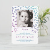 Moderne paarse + turquoise foto Bat Mitzvah uitnod Kaart (Staand voorkant)