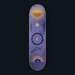 Moderne Paarse urbane zon Star Rainbow Girly Persoonlijk Skateboard<br><div class="desc">Paarse stadsontwerpen voor degenen die graag aan boord van hun bord komen en de stoep,  stoep of halve leidingen raken. Keltisch thema met manen,  regenboogzon en sterren. Monogrammed initiaal voegt een persoonlijke aanraking aan dit deksbord toe.</div>