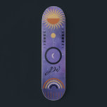 Moderne Paarse urbane zon Star Rainbow Girly Persoonlijk Skateboard<br><div class="desc">Paarse stadsontwerpen voor degenen die graag aan boord van hun bord komen en de stoep,  stoep of halve leidingen raken. Keltisch thema met manen,  regenboogzon en sterren. Monogrammed initiaal voegt een persoonlijke aanraking aan dit deksbord toe.</div>