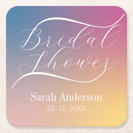 Moderne paarse verloop ombre-script bruiloftsdouch kartonnen onderzetters (Voorkant)