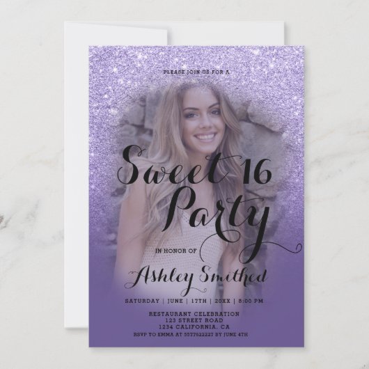 Moderne paarse violet glitter ombre foto Sweet 16 Kaart (Voorkant)