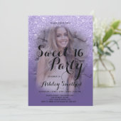 Moderne paarse violet glitter ombre foto Sweet 16 Kaart (Staand voorkant)
