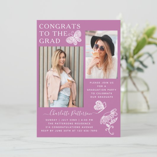 Moderne Paarse vlinder foto afstudeerfeest Kaart (Staand voorkant)