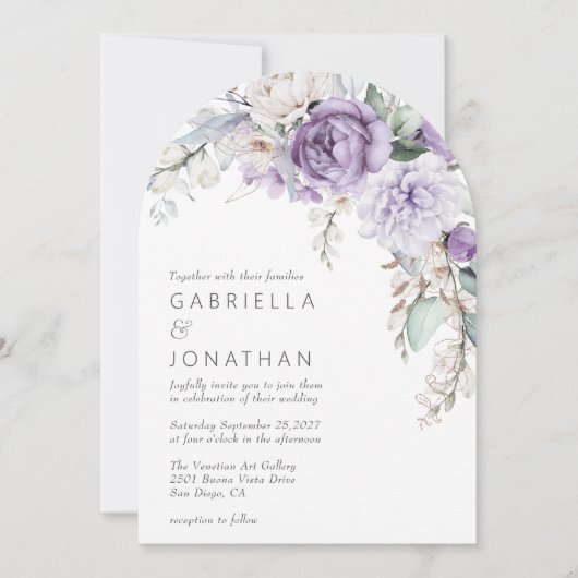 Moderne Paarse Waterverf Bloemenbruiloft Uitnodigi Kaart (Voorkant)