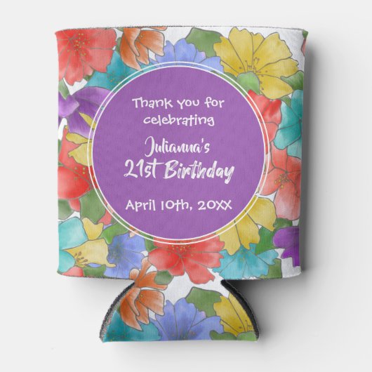Moderne Paarse Waterverf Floral 21e verjaardag Blikjeskoeler (Voorkant)