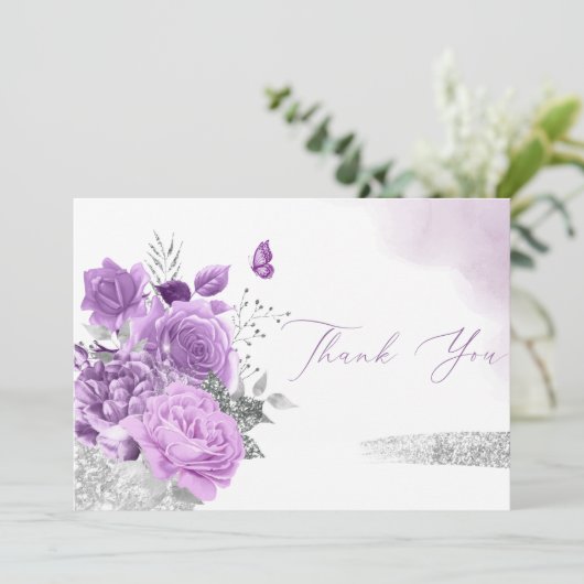 Moderne Paarse Waterverf Floral Baby Girl Shower Bedankkaart (Staand voorkant)