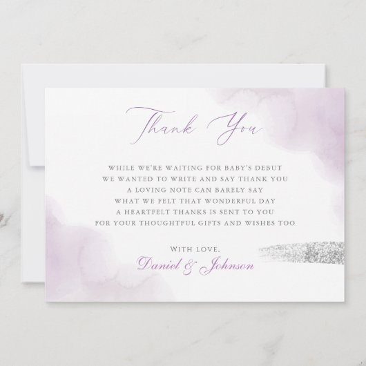 Moderne Paarse Waterverf Floral Baby Girl Shower Bedankkaart (Achterkant)