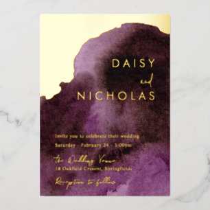 Moderne Paarse Waterverf Gold Foil Wedding Folie Uitnodiging