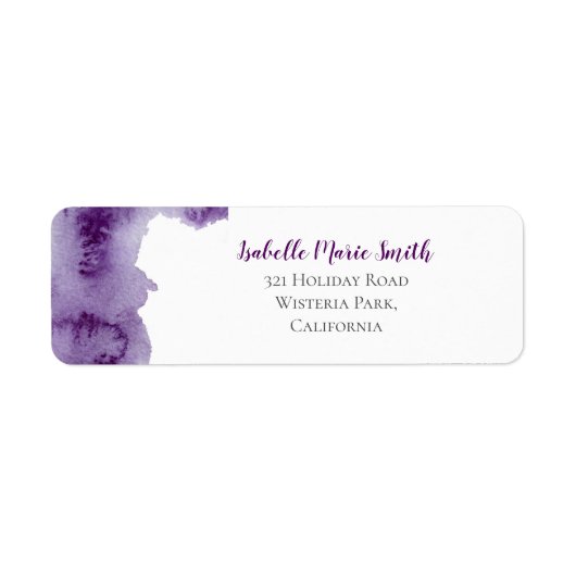 Moderne Paarse Waterverf Paint Spetter Bruiloft Etiket (Voorkant)