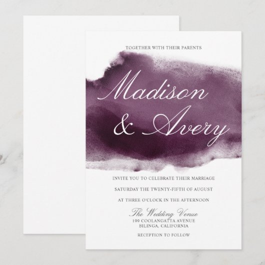Moderne Paarse Waterverf Splash Wedding Kaart (Voorkant / Achterkant)