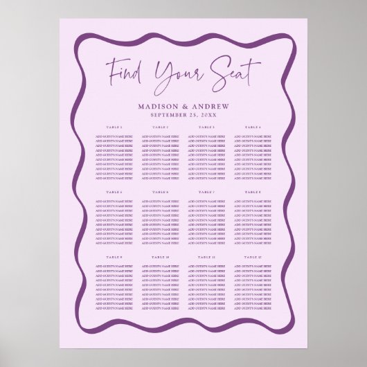 Moderne Paarse Wavy Lijst Trouwstoel Grafiek Poster (Voorkant)