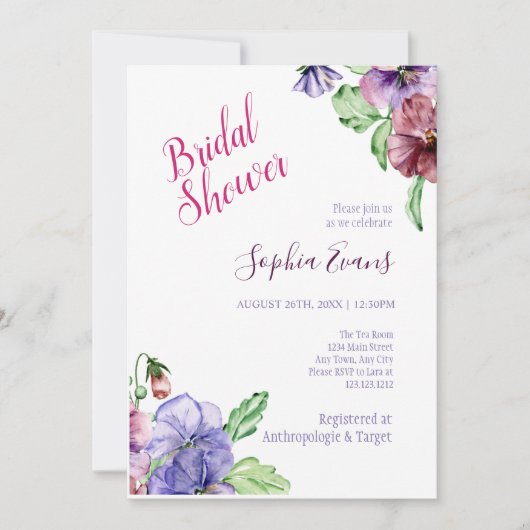 Moderne Paarse wilde bloem Bridal Shower Invitatio Kaart (Voorkant)