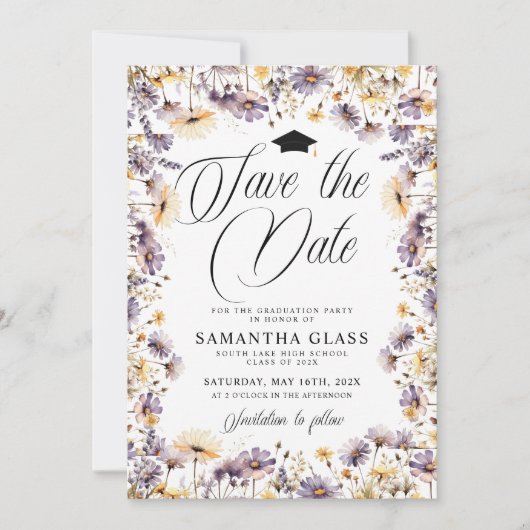 Moderne Paarse wilde bloemen redden de datum Afstu Kaart (Voorkant)