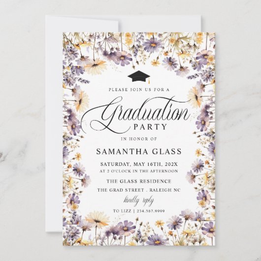 Moderne Paarse Wildflower Script Graduation Party Aankondiging (Voorkant)