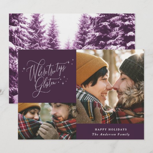 Moderne paarse winterwoud multi-fotoKerstmis Feestdagenkaart (Voorkant / Achterkant)