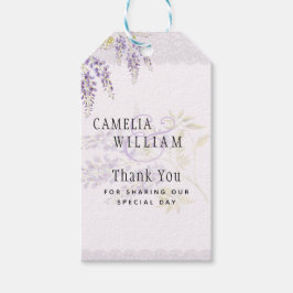Moderne Paarse Wisteria Bloemrijke Kanten Bruiloft Cadeaulabel