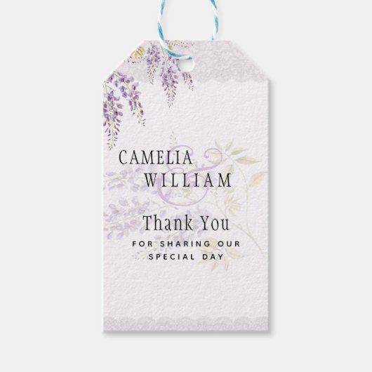 Moderne Paarse Wisteria Bloemrijke Kanten Bruiloft Cadeaulabel (Voorkant)