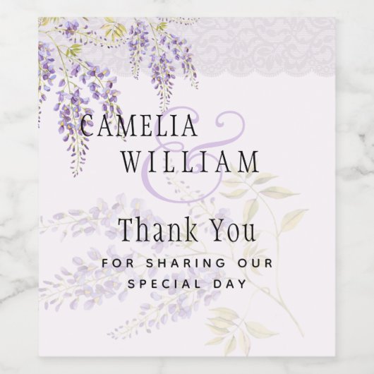 Moderne Paarse Wisteria Bloemrijke Kanten Bruiloft Wijn Etiket (Enkel label)