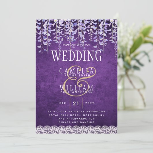 Moderne paarse Wisteria Kant Bruiloft Kaart (Staand voorkant)