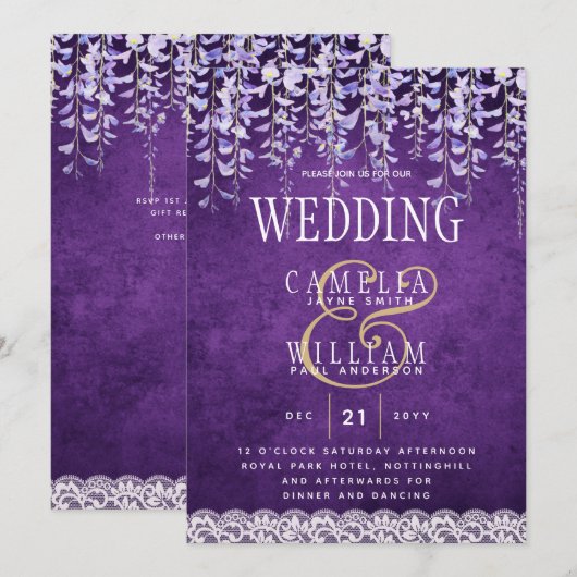 Moderne paarse Wisteria Kant Bruiloft Kaart (Voorkant / Achterkant)
