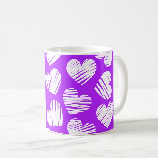 Moderne Paarse Witte Doodled Heart Valentijnsdag Koffiemok (Voorkant rechts)