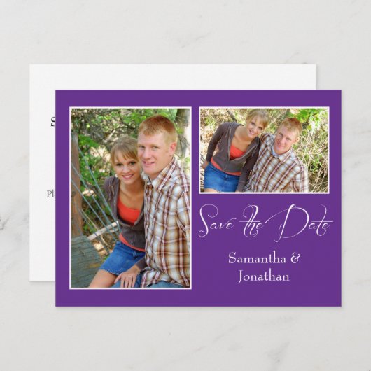 Moderne Paarse witte fotocollage Bewaar de datum Aankondigingskaart (Voorkant / Achterkant)
